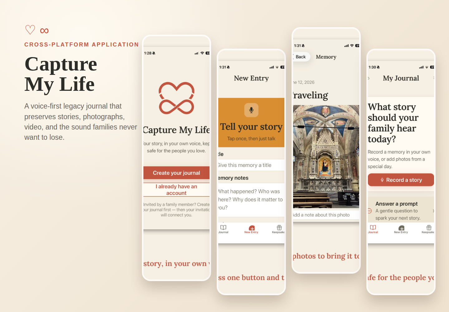 Capture My Life voice-first legacy journal mobile application screens